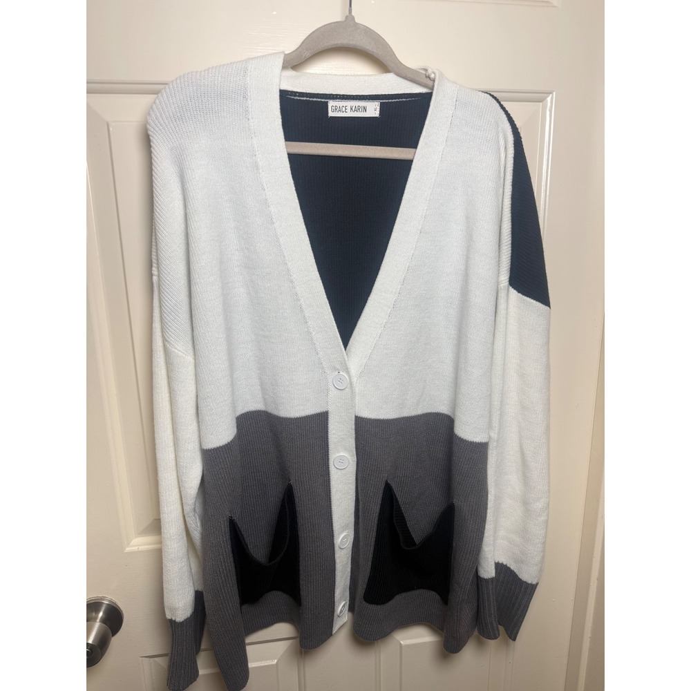 Grace Karin Colorblock Cardigan Sweater XL Black White Grey V-Neck Button Front